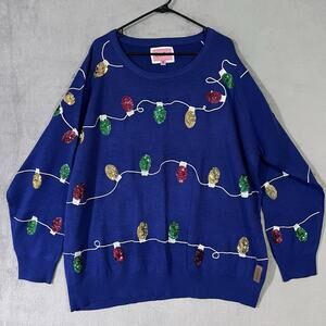 TIPSY ELVES Womens Ugly Christmas Sweater Blue Plus Sz 3XL Sequin LightBulbs